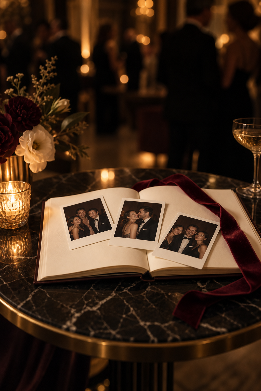 Un livre de souvenirs ouvert avec des photos de fête